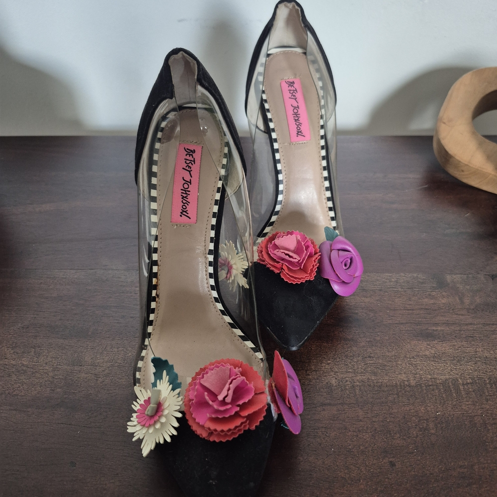 Betsey Johnson Black and Pink Floral Heels
